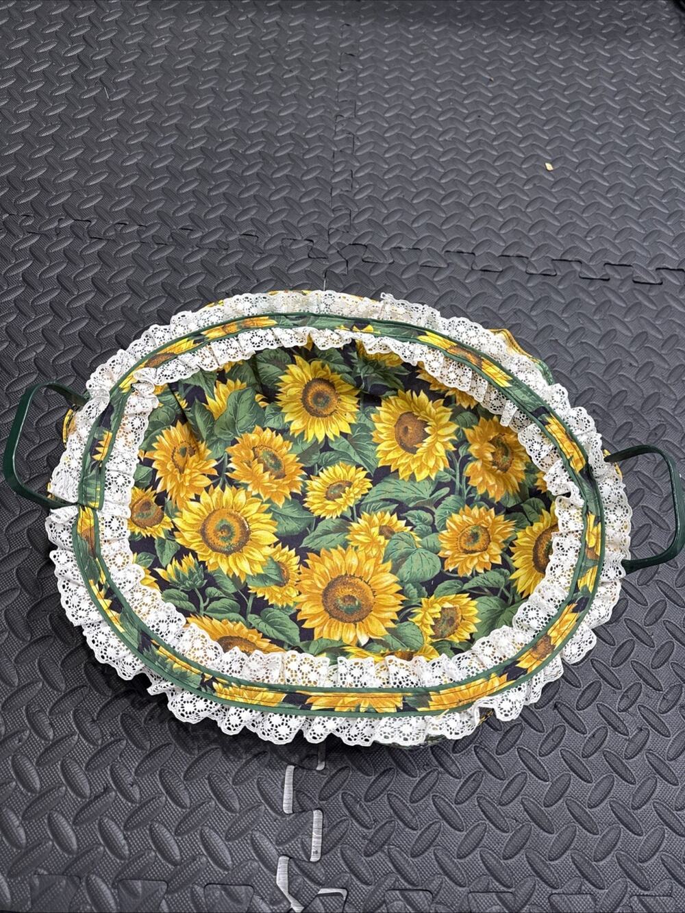 Vintage Fabric Lined Oval Tray With Sunflower Print & Lace Trim NEW *